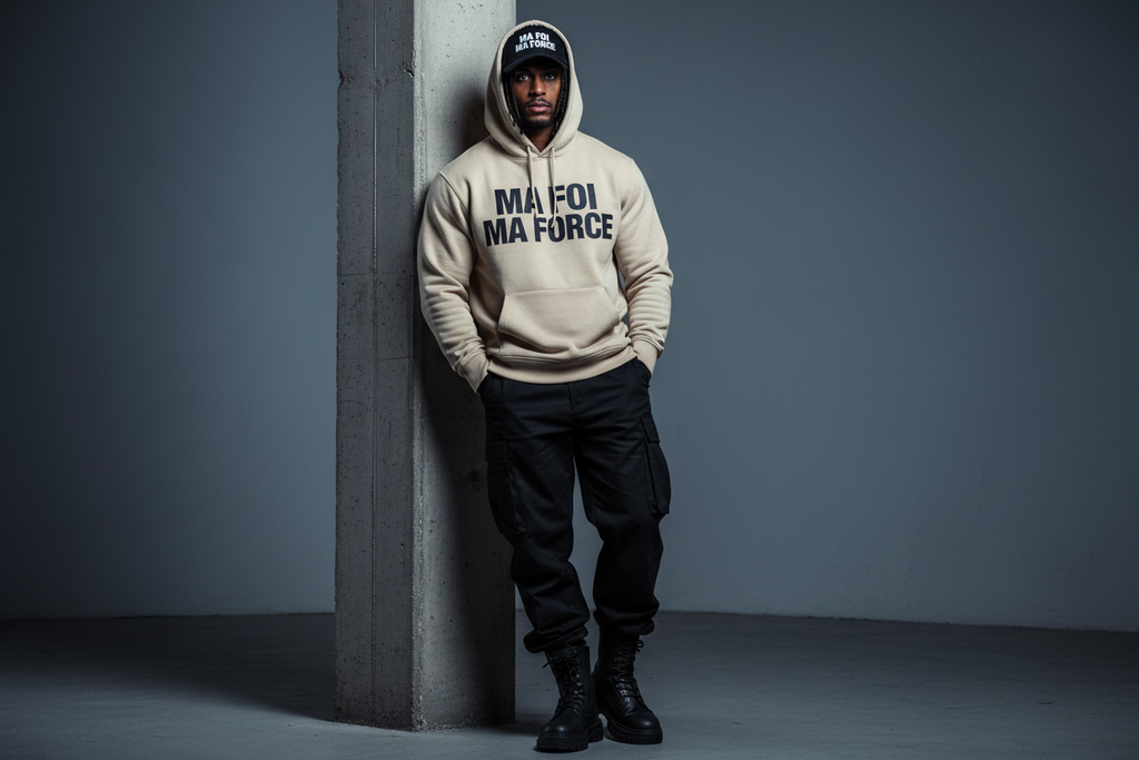 CEST UN PERSONNAGE TR7S MUSCLER BEAU METISSE AUX YEUX BLEU PORTE UN SWEAT A CAPUCHE BEIGE EST ECRIT MA FOI MA FORCE IL A LA CAPUCHE RELEVER ET UNE CASQUETTE MA FOI MA FORCE NOIR