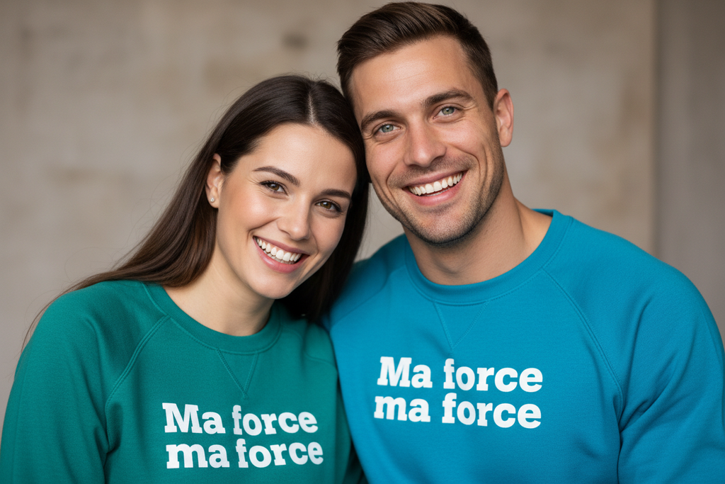 Couple souriant regardant l’objectif, style photo lifestyle réaliste.
Homme musclé, yeux verts-bleus, portant un sweat sans capuche bleu turquoise avec texte blanc « Ma force ma force ».
Femme souriante portant un sweat sans capuche vert turquoise avec le même texte blanc.
Lumière naturelle, ambiance positive, fond neutre, rendu photoréaliste, haute résolution.