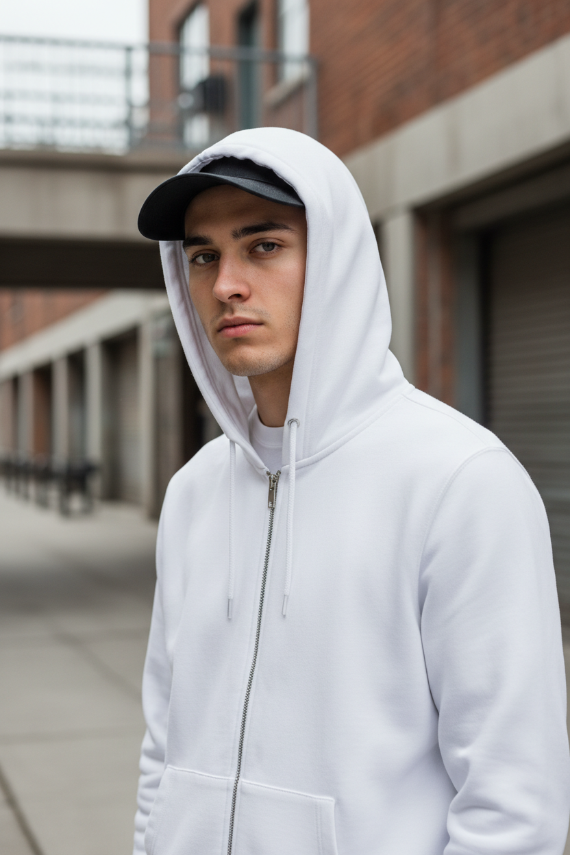 Jeune homme posant comme un mannequin, cadrage buste et tête, regard déterminé vers l’objectif. Sweatshirt blanc à zip sans aucun texte, capuche relevée. Casquette noire portée sous la capuche. Style streetwear minimaliste, lumière naturelle, arrière-plan urbain discret, rendu réaliste HD.