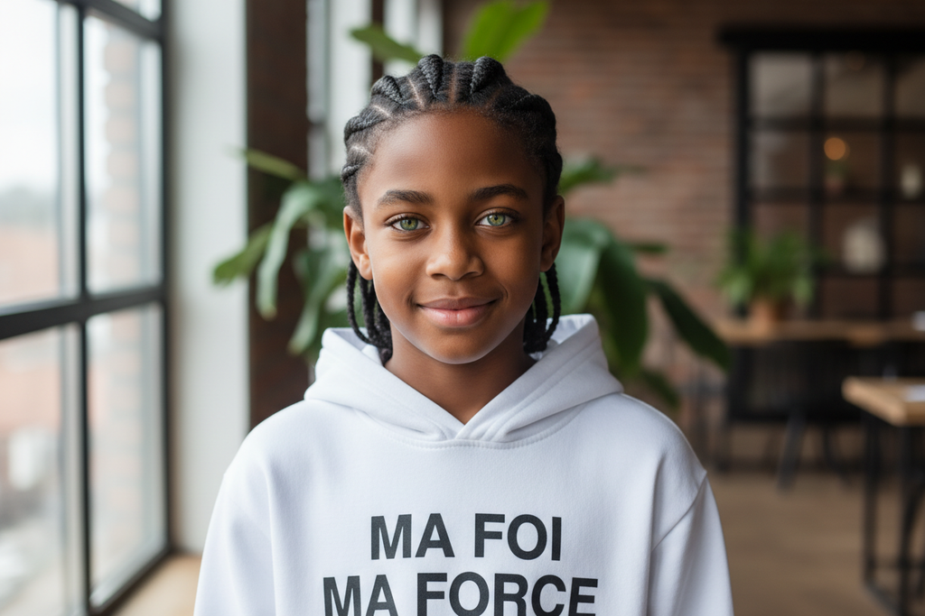 PETIT ENFANT BLACK AUX YEUX VERT PORTE CE SWEAT A CAPUCHE BLANC AVEC ECRIT DESSUS MA FOI MA FORCE BIEN TRESSES BEAU GARCON